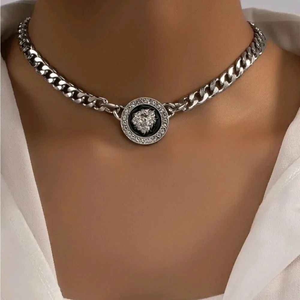 Silver Black Lion Head Chain Link Necklace